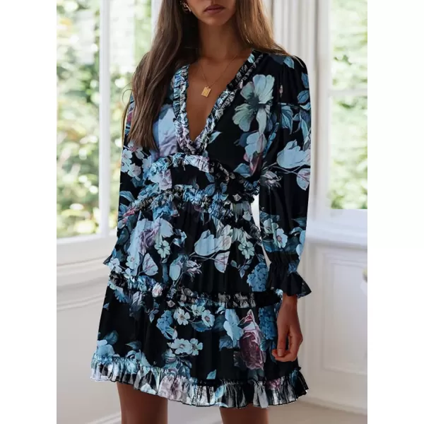 Happy Sailed Womens Summer Long Sleeve Dress 2023 Deep V Neck Ruffle Layer Swing Mini Dresses