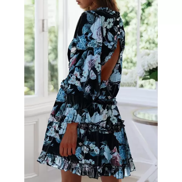 Happy Sailed Womens Summer Long Sleeve Dress 2023 Deep V Neck Ruffle Layer Swing Mini Dresses