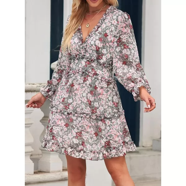 Happy Sailed Womens Summer Long Sleeve Dress 2023 Deep V Neck Ruffle Layer Swing Mini Dresses