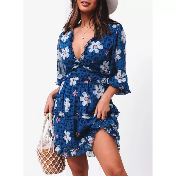 Happy Sailed Womens Summer Long Sleeve Dress 2023 Deep V Neck Ruffle Layer Swing Mini Dresses