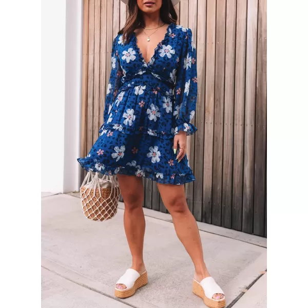 Happy Sailed Womens Summer Long Sleeve Dress 2023 Deep V Neck Ruffle Layer Swing Mini Dresses