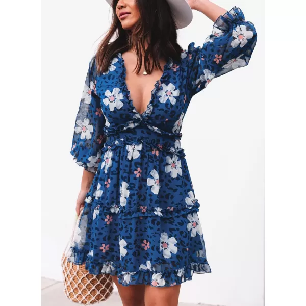Happy Sailed Womens Summer Long Sleeve Dress 2023 Deep V Neck Ruffle Layer Swing Mini Dresses