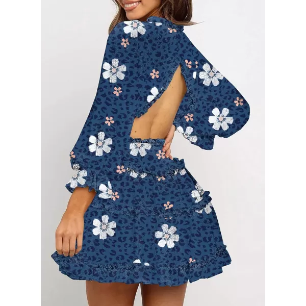 Happy Sailed Womens Summer Long Sleeve Dress 2023 Deep V Neck Ruffle Layer Swing Mini Dresses