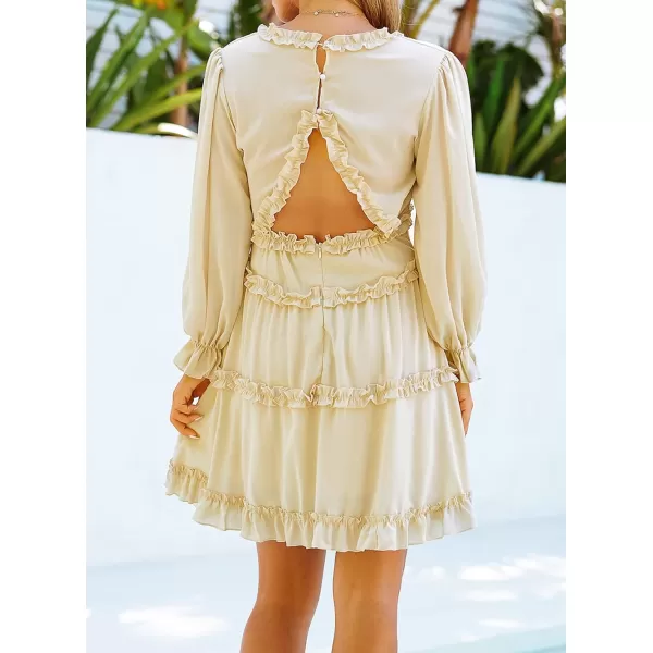 Happy Sailed Womens Summer Long Sleeve Dress 2023 Deep V Neck Ruffle Layer Swing Mini Dresses