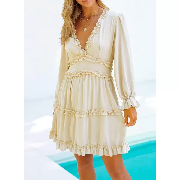 Happy Sailed Womens Summer Long Sleeve Dress 2023 Deep V Neck Ruffle Layer Swing Mini Dresses