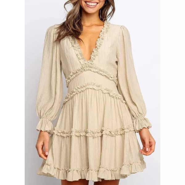 Happy Sailed Womens Summer Long Sleeve Dress 2023 Deep V Neck Ruffle Layer Swing Mini Dresses