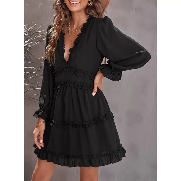 Happy Sailed Womens Summer Long Sleeve Dress 2023 Deep V Neck Ruffle Layer Swing Mini Dresses