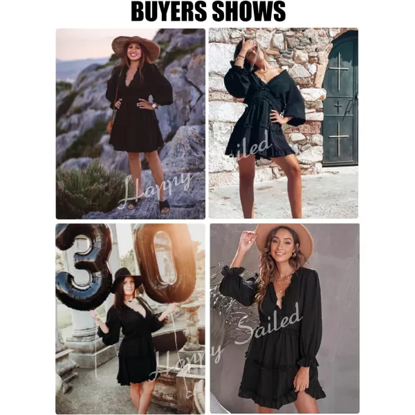 Happy Sailed Womens Summer Long Sleeve Dress 2023 Deep V Neck Ruffle Layer Swing Mini Dresses