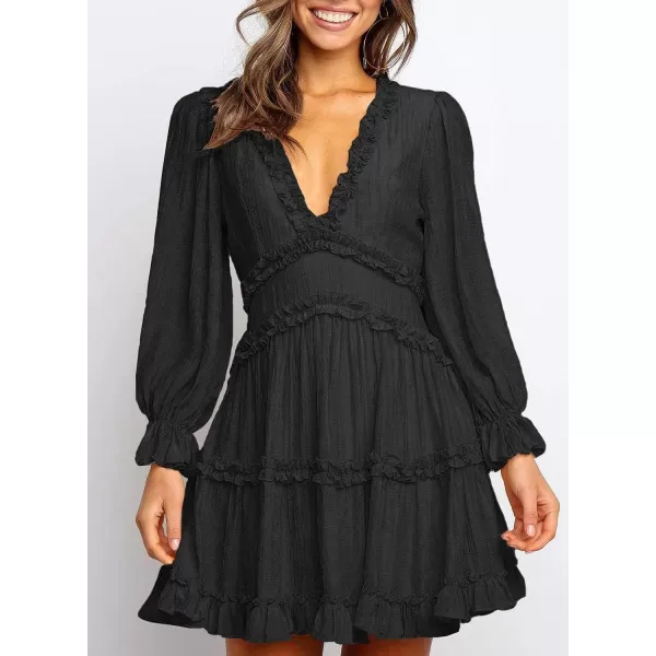 Happy Sailed Womens Summer Long Sleeve Dress 2023 Deep V Neck Ruffle Layer Swing Mini Dresses