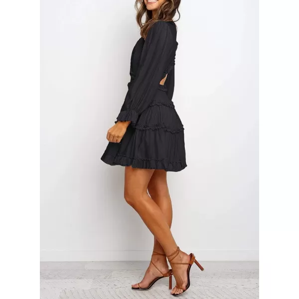 Happy Sailed Womens Summer Long Sleeve Dress 2023 Deep V Neck Ruffle Layer Swing Mini Dresses