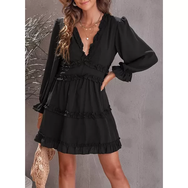 Happy Sailed Womens Summer Long Sleeve Dress 2023 Deep V Neck Ruffle Layer Swing Mini Dresses