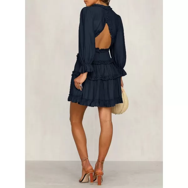 Happy Sailed Womens Summer Long Sleeve Dress 2023 Deep V Neck Ruffle Layer Swing Mini Dresses
