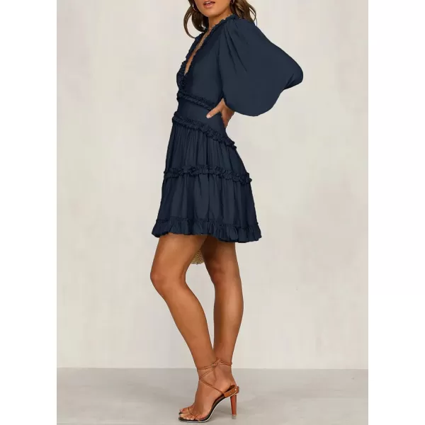 Happy Sailed Womens Summer Long Sleeve Dress 2023 Deep V Neck Ruffle Layer Swing Mini Dresses
