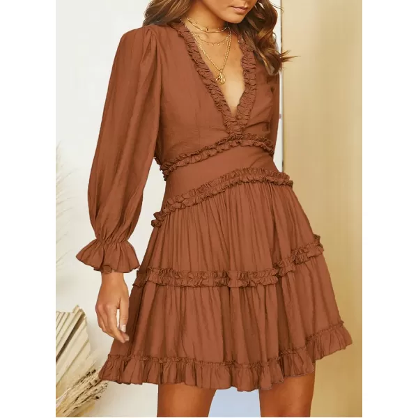 Happy Sailed Womens Summer Long Sleeve Dress 2023 Deep V Neck Ruffle Layer Swing Mini Dresses
