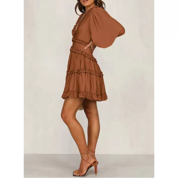 Happy Sailed Womens Summer Long Sleeve Dress 2023 Deep V Neck Ruffle Layer Swing Mini Dresses