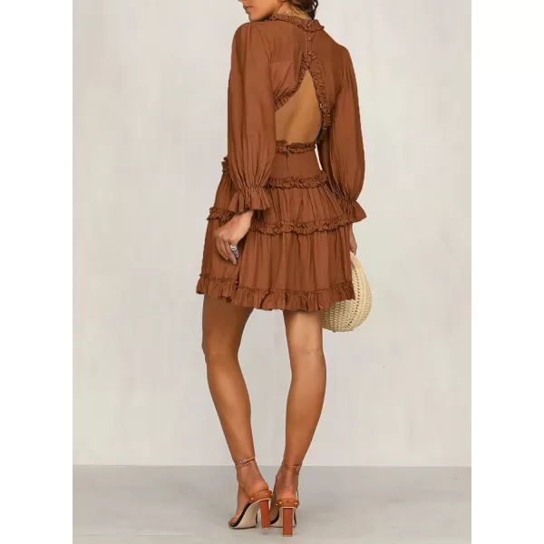 Happy Sailed Womens Summer Long Sleeve Dress 2023 Deep V Neck Ruffle Layer Swing Mini Dresses