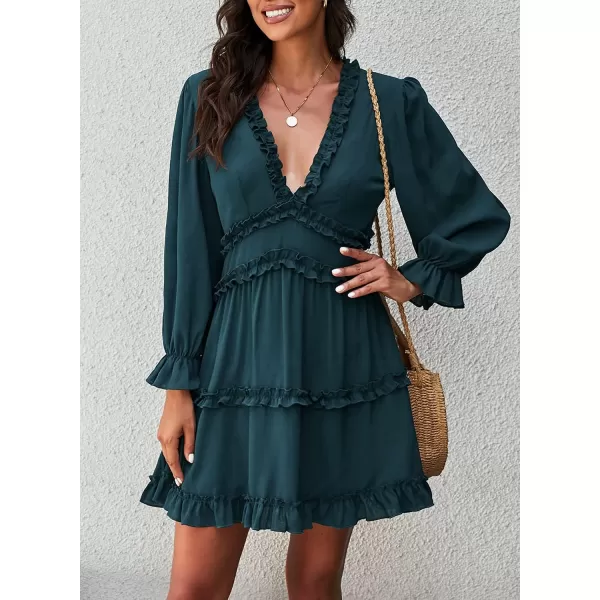 Happy Sailed Womens Summer Long Sleeve Dress 2023 Deep V Neck Ruffle Layer Swing Mini Dresses