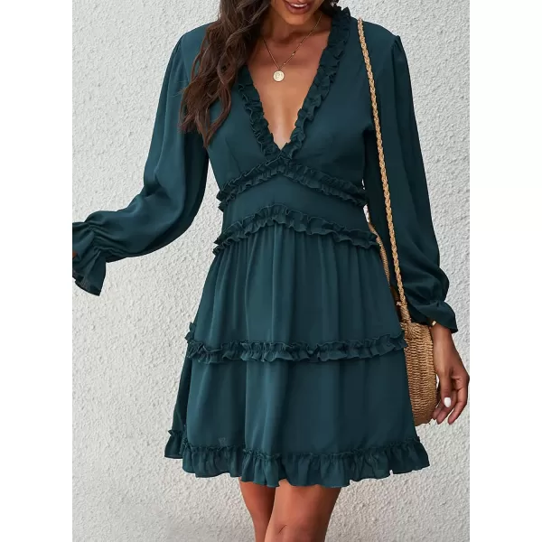 Happy Sailed Womens Summer Long Sleeve Dress 2023 Deep V Neck Ruffle Layer Swing Mini Dresses
