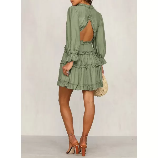 Happy Sailed Womens Summer Long Sleeve Dress 2023 Deep V Neck Ruffle Layer Swing Mini Dresses