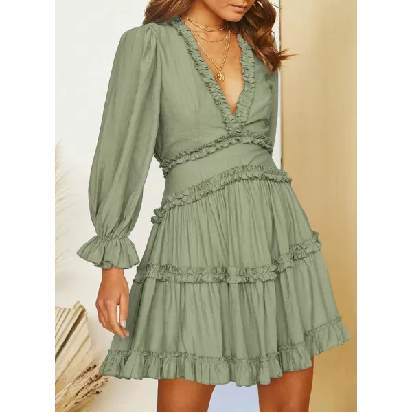 Happy Sailed Womens Summer Long Sleeve Dress 2023 Deep V Neck Ruffle Layer Swing Mini Dresses