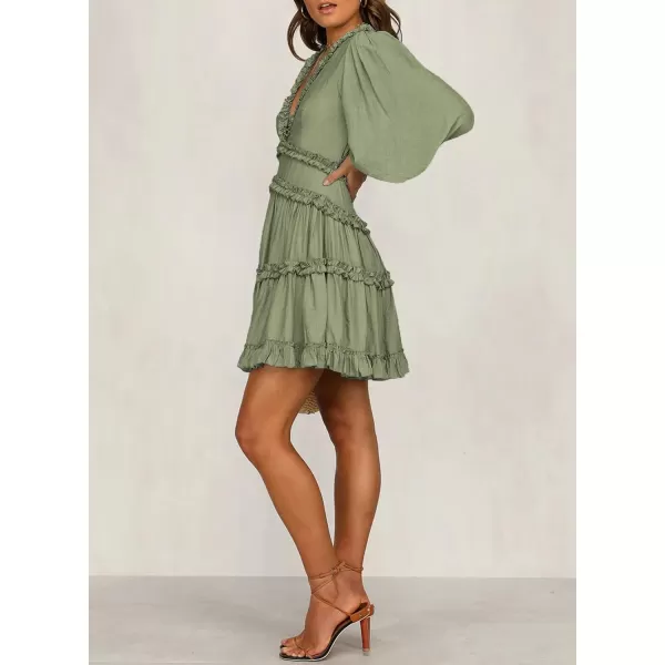 Happy Sailed Womens Summer Long Sleeve Dress 2023 Deep V Neck Ruffle Layer Swing Mini Dresses