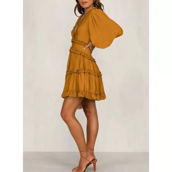 Happy Sailed Womens Summer Long Sleeve Dress 2023 Deep V Neck Ruffle Layer Swing Mini Dresses