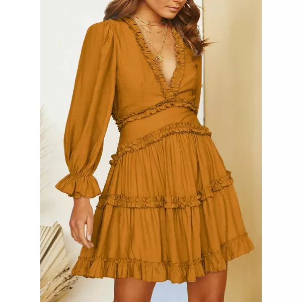 Happy Sailed Womens Summer Long Sleeve Dress 2023 Deep V Neck Ruffle Layer Swing Mini Dresses