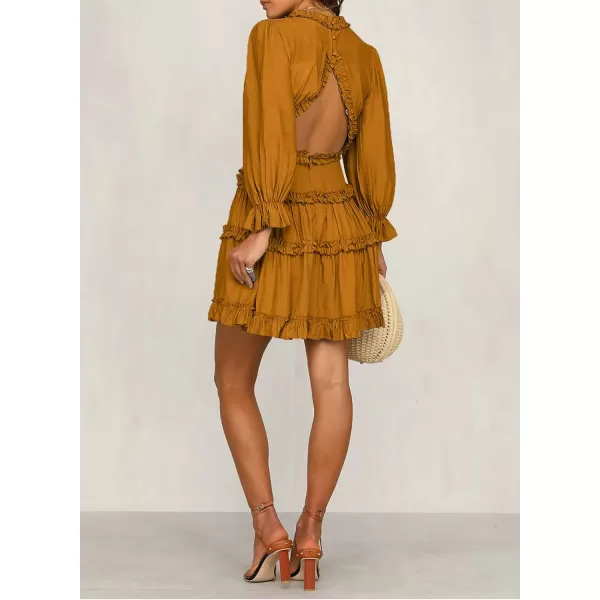 Happy Sailed Womens Summer Long Sleeve Dress 2023 Deep V Neck Ruffle Layer Swing Mini Dresses