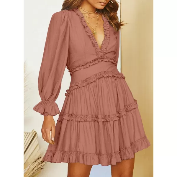 Happy Sailed Womens Summer Long Sleeve Dress 2023 Deep V Neck Ruffle Layer Swing Mini Dresses