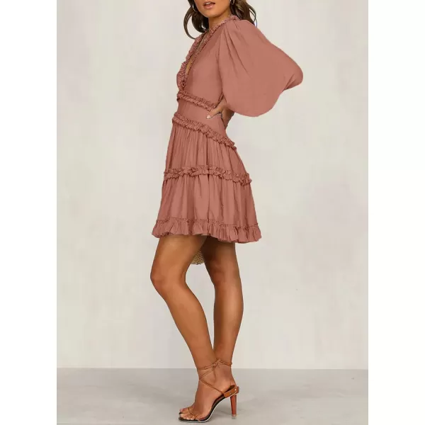 Happy Sailed Womens Summer Long Sleeve Dress 2023 Deep V Neck Ruffle Layer Swing Mini Dresses
