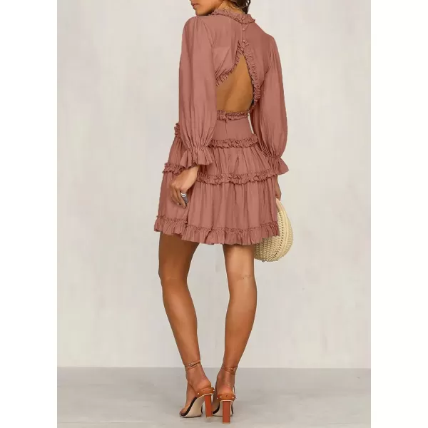 Happy Sailed Womens Summer Long Sleeve Dress 2023 Deep V Neck Ruffle Layer Swing Mini Dresses