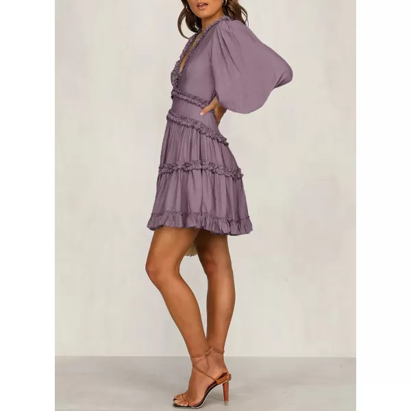 Happy Sailed Womens Summer Long Sleeve Dress 2023 Deep V Neck Ruffle Layer Swing Mini Dresses