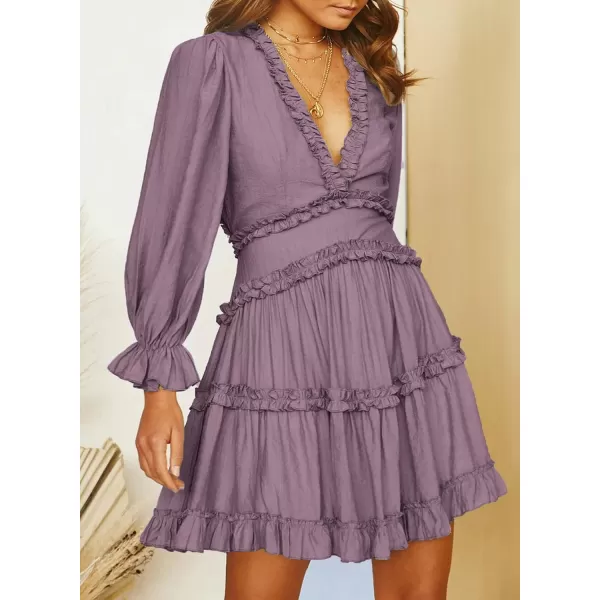 Happy Sailed Womens Summer Long Sleeve Dress 2023 Deep V Neck Ruffle Layer Swing Mini Dresses