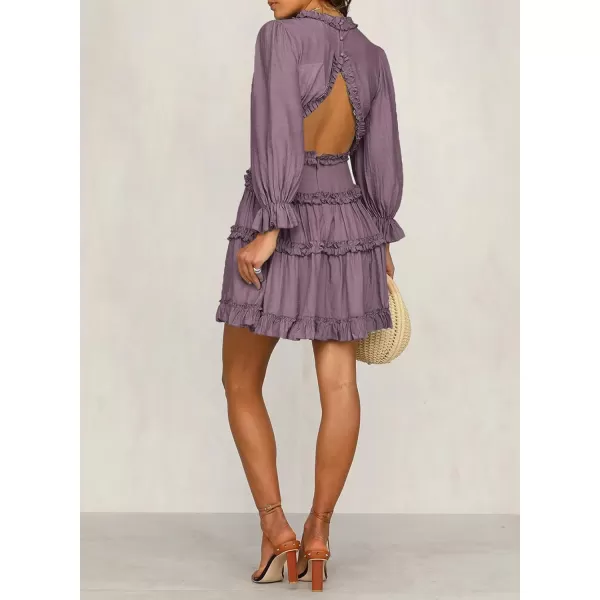 Happy Sailed Womens Summer Long Sleeve Dress 2023 Deep V Neck Ruffle Layer Swing Mini Dresses