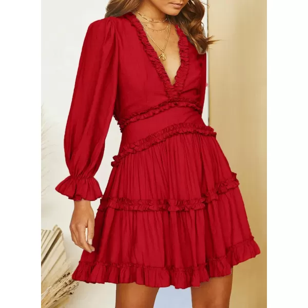 Happy Sailed Womens Summer Long Sleeve Dress 2023 Deep V Neck Ruffle Layer Swing Mini Dresses