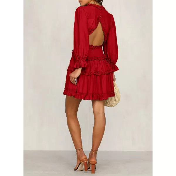 Happy Sailed Womens Summer Long Sleeve Dress 2023 Deep V Neck Ruffle Layer Swing Mini Dresses