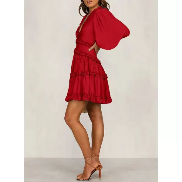 Happy Sailed Womens Summer Long Sleeve Dress 2023 Deep V Neck Ruffle Layer Swing Mini Dresses