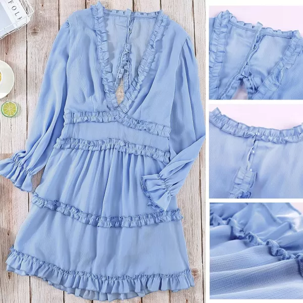Happy Sailed Womens Summer Long Sleeve Dress 2023 Deep V Neck Ruffle Layer Swing Mini Dresses