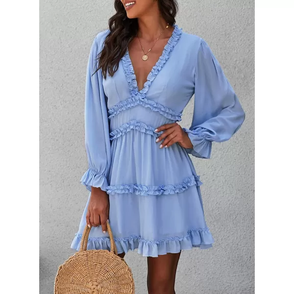 Happy Sailed Womens Summer Long Sleeve Dress 2023 Deep V Neck Ruffle Layer Swing Mini Dresses