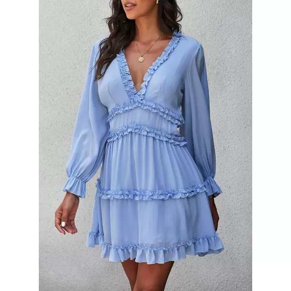 Happy Sailed Womens Summer Long Sleeve Dress 2023 Deep V Neck Ruffle Layer Swing Mini Dresses