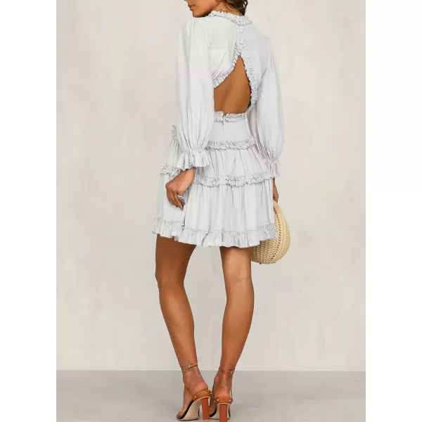 Happy Sailed Womens Summer Long Sleeve Dress 2023 Deep V Neck Ruffle Layer Swing Mini Dresses
