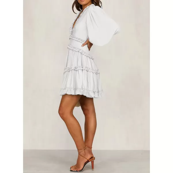 Happy Sailed Womens Summer Long Sleeve Dress 2023 Deep V Neck Ruffle Layer Swing Mini Dresses