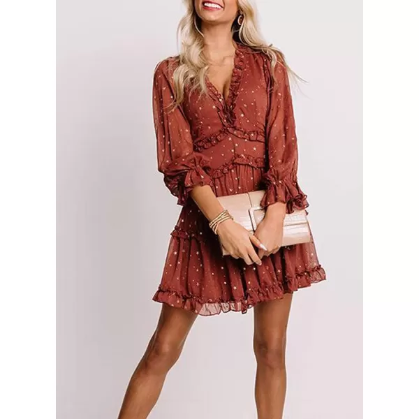 Happy Sailed Womens Summer Long Sleeve Dress 2023 Deep V Neck Ruffle Layer Swing Mini Dresses