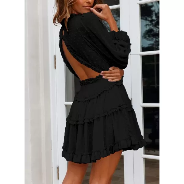 Happy Sailed Womens Summer Long Sleeve Dress 2023 Deep V Neck Ruffle Layer Swing Mini Dresses