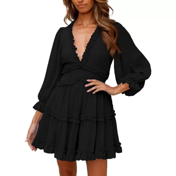 Happy Sailed Womens Summer Long Sleeve Dress 2023 Deep V Neck Ruffle Layer Swing Mini Dresses