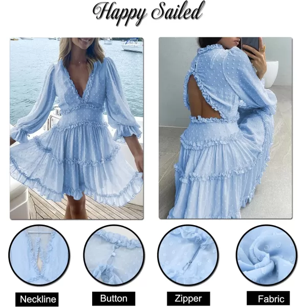 Happy Sailed Womens Summer Long Sleeve Dress 2023 Deep V Neck Ruffle Layer Swing Mini Dresses