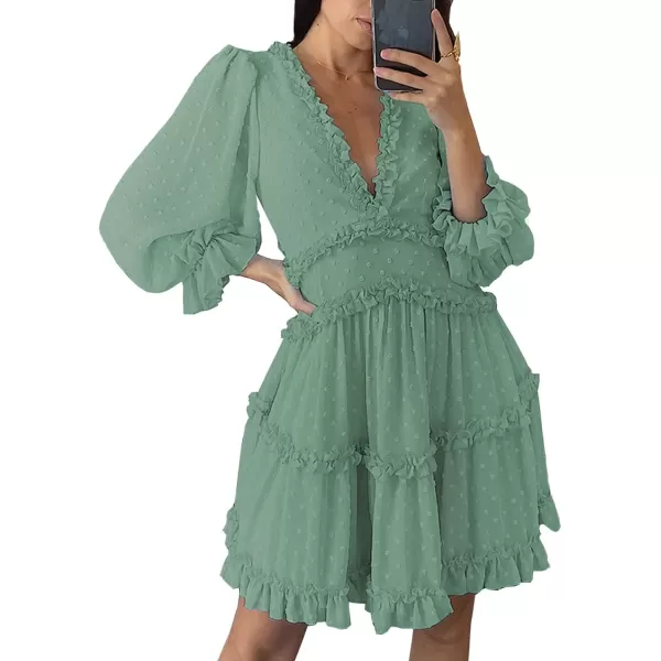 Happy Sailed Womens Summer Long Sleeve Dress 2023 Deep V Neck Ruffle Layer Swing Mini Dresses