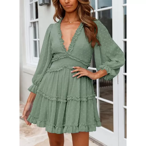 Happy Sailed Womens Summer Long Sleeve Dress 2023 Deep V Neck Ruffle Layer Swing Mini Dresses