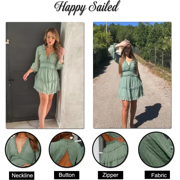 Happy Sailed Womens Summer Long Sleeve Dress 2023 Deep V Neck Ruffle Layer Swing Mini Dresses