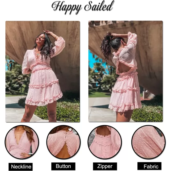 Happy Sailed Womens Summer Long Sleeve Dress 2023 Deep V Neck Ruffle Layer Swing Mini Dresses
